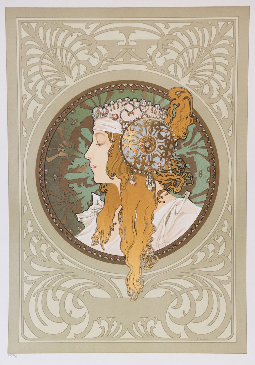 Bysantinska huvuden: Blond, 1897. av Alphonse Mucha