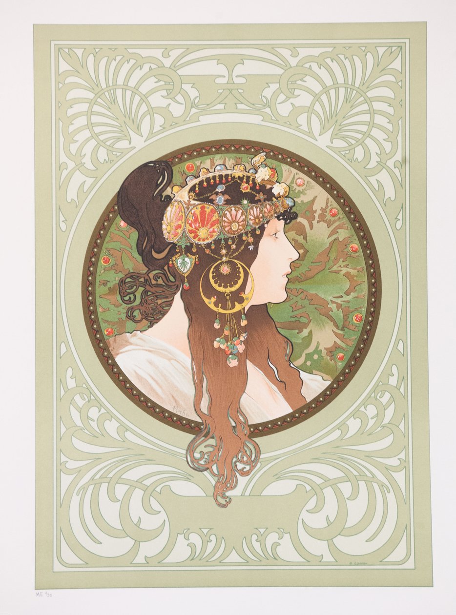 Bysantinska huvuden: brunett, 1897. av Alphonse Mucha