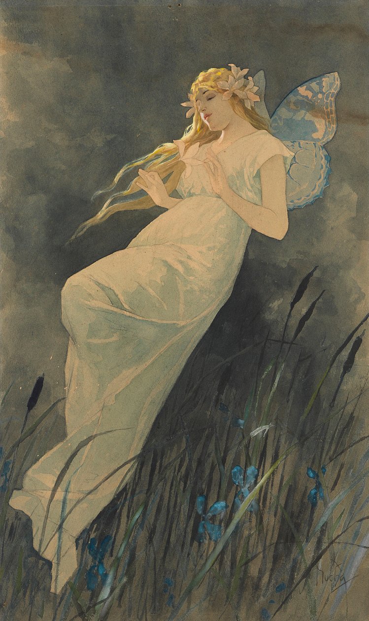 Tomte med irisblommor, ca. 1886-1890. av Alphonse Mucha