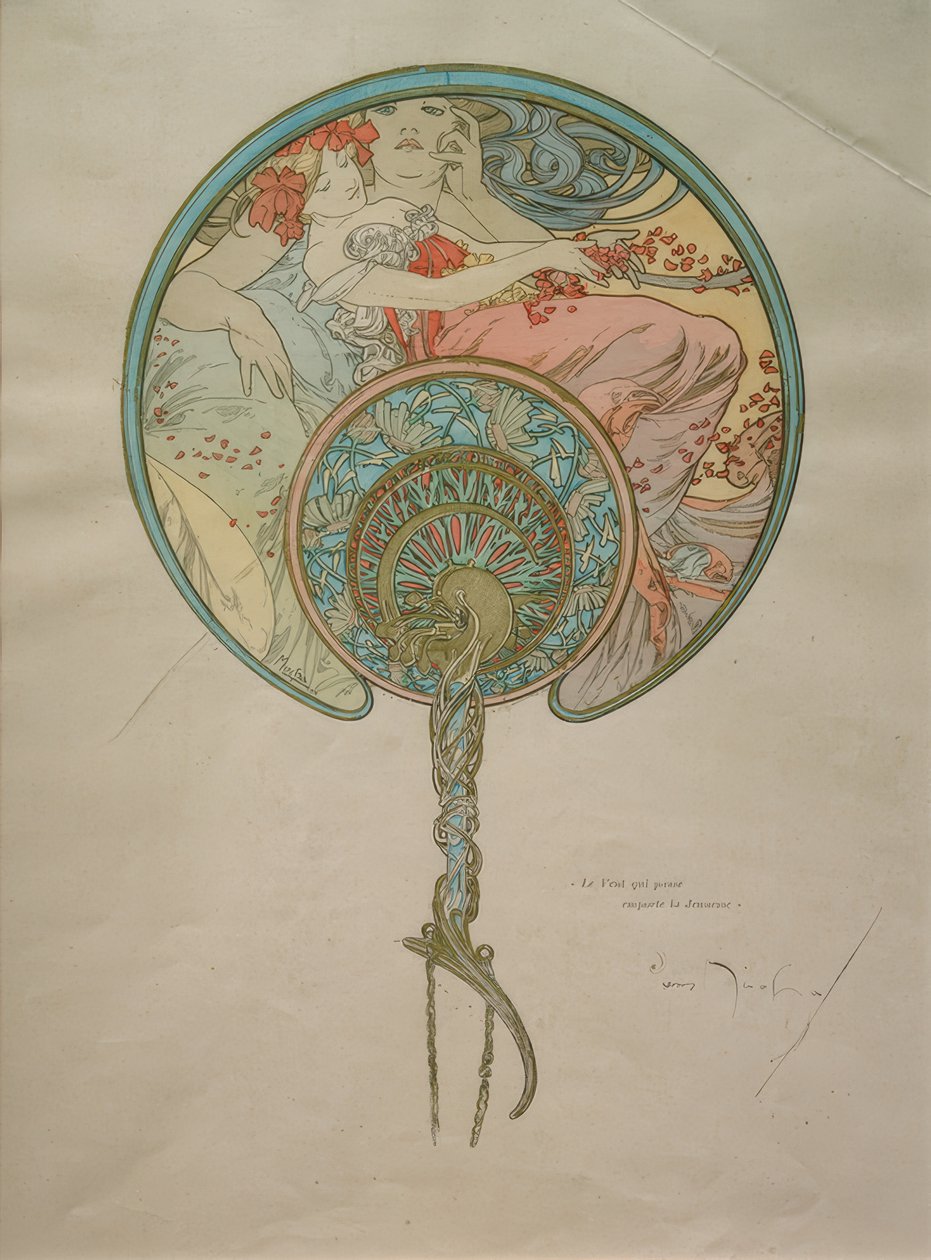 Design för en fläkt av Alphonse Mucha