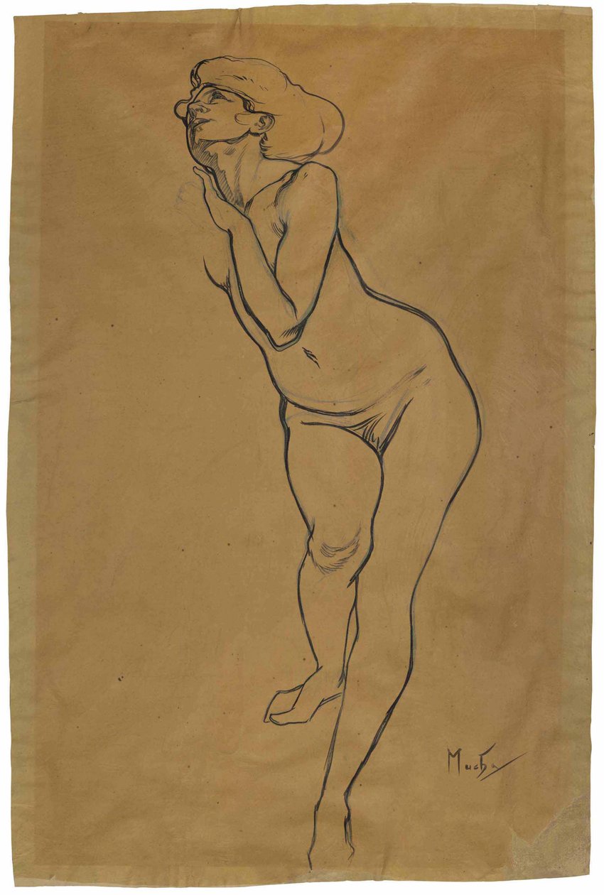 Naken kvinna stående. av Alphonse Mucha