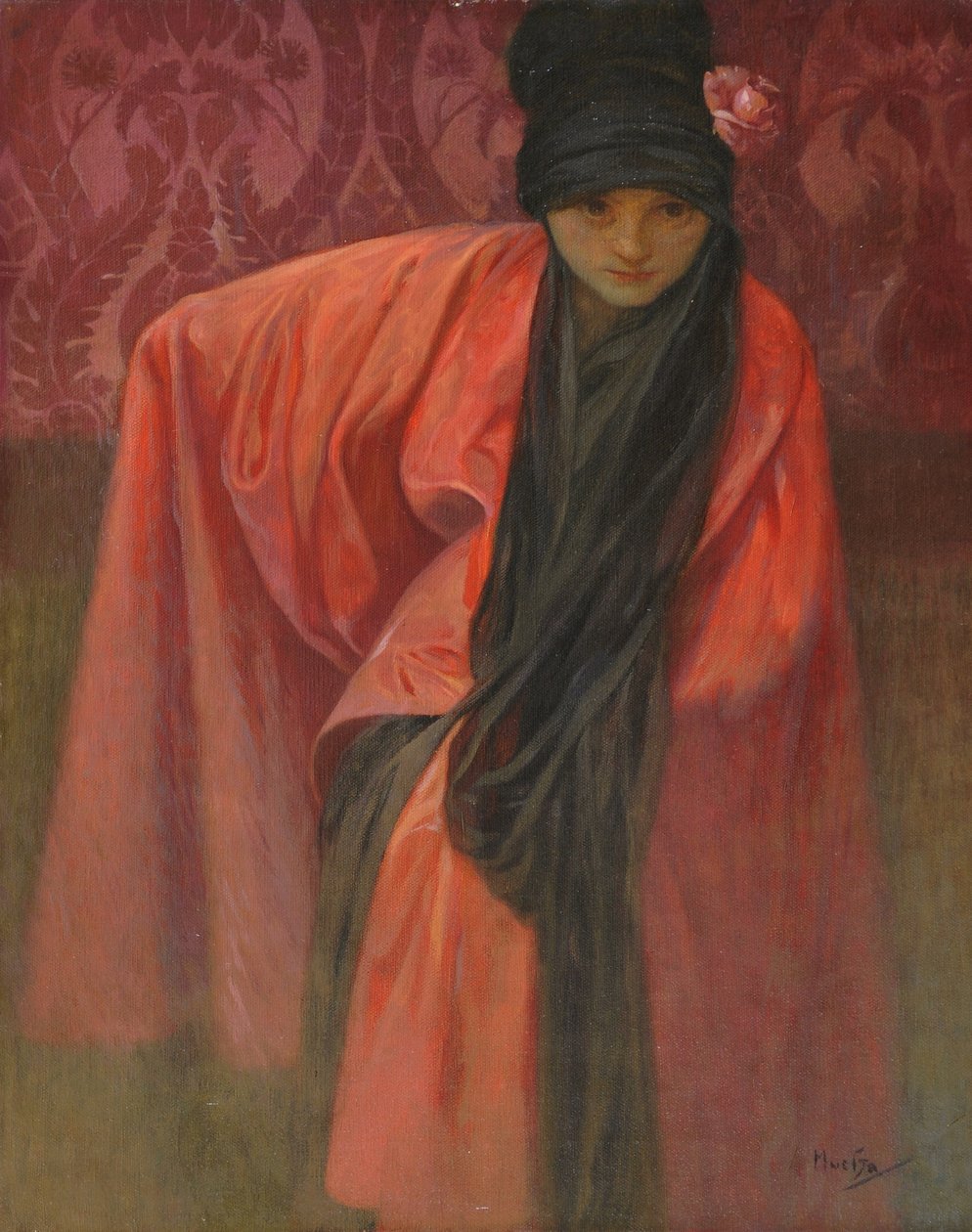 Flicka i rött, ca. 1914 av Alphonse Mucha