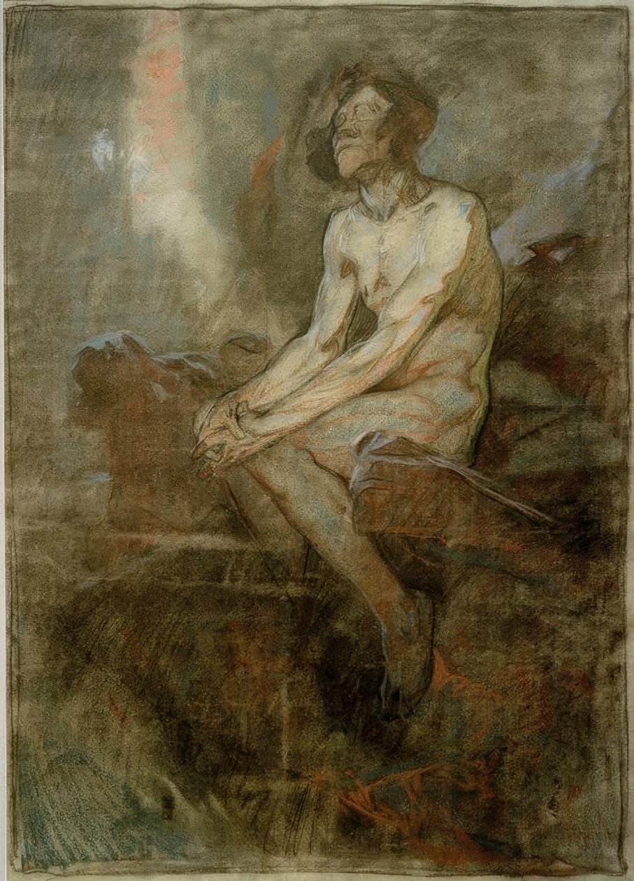 Naken man sitter på en sten av Alphonse Mucha