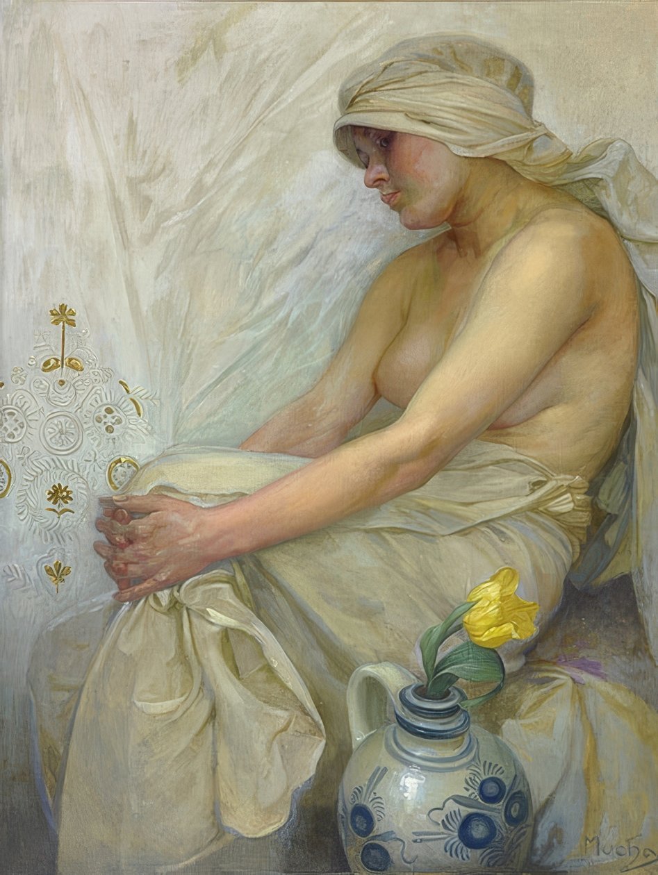 Sittande tjej. Omkring 1914 av Alphonse Mucha