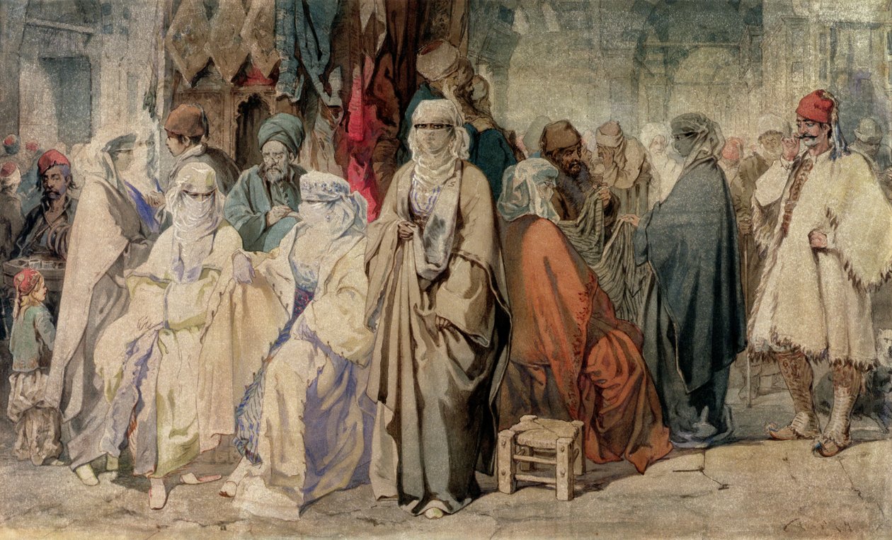 Figurer i basaren, Konstantinopel (bläck och wc på papper) av Amadeo Preziosi