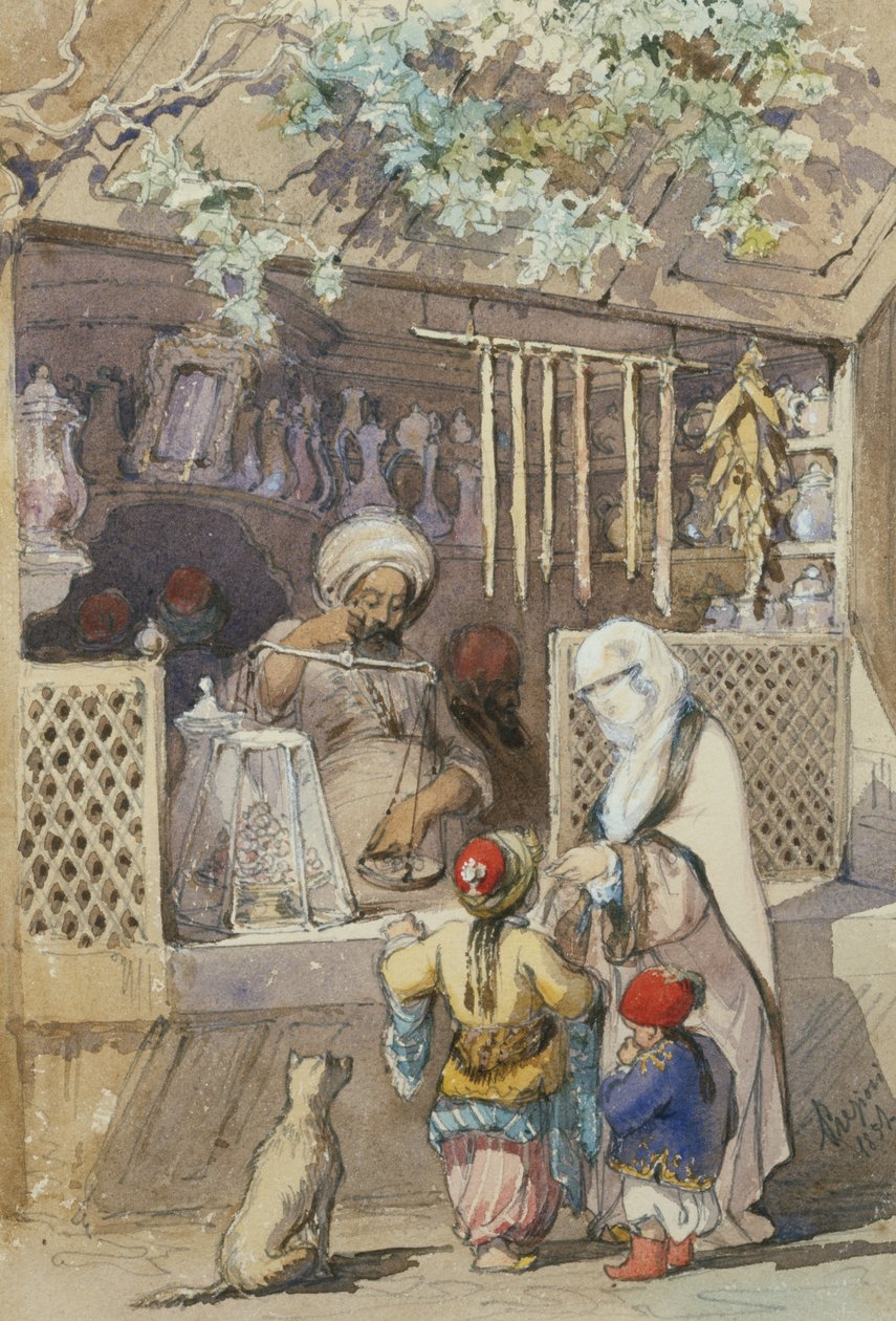 Turkiska figurer vid ett sött stall, 1851 (penna och wc) av Amadeo Preziosi