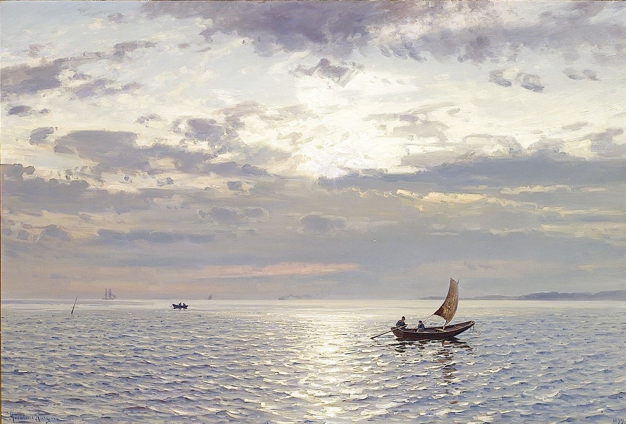  Aftenstemning over havet  Fra fjorden?Evening seascape av Amaldus Nielsen