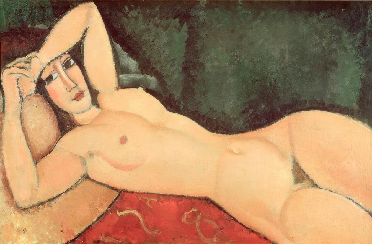 Naken i sängen, en arm viken över pannan. av Amedeo Modigliani