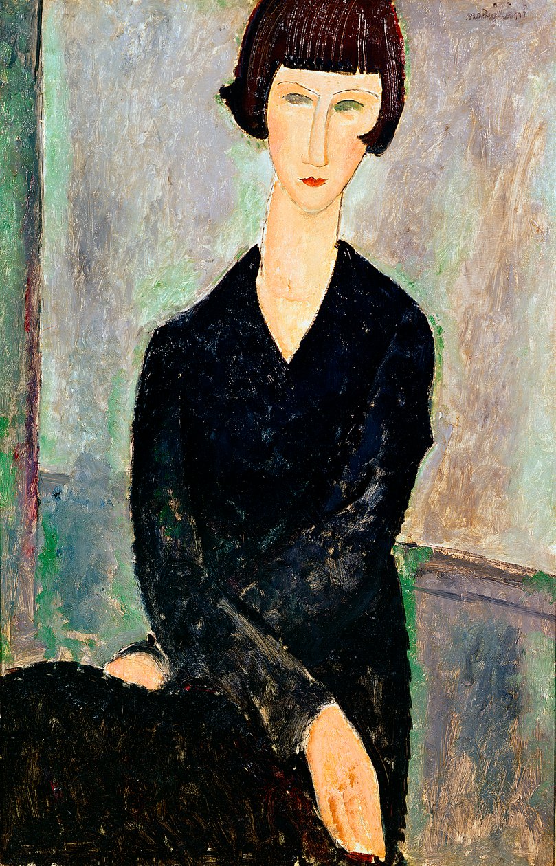 Kvinna i svart klänning (olja) av Amedeo Modigliani