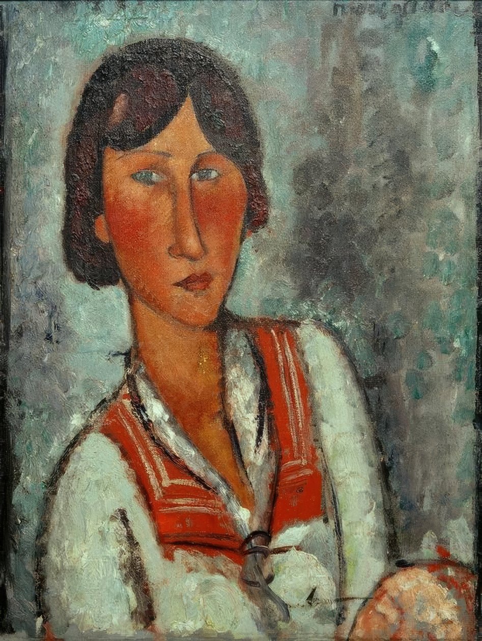 Halvlångt porträtt av en ung kvinna med sjömanskrage av Amedeo Modigliani