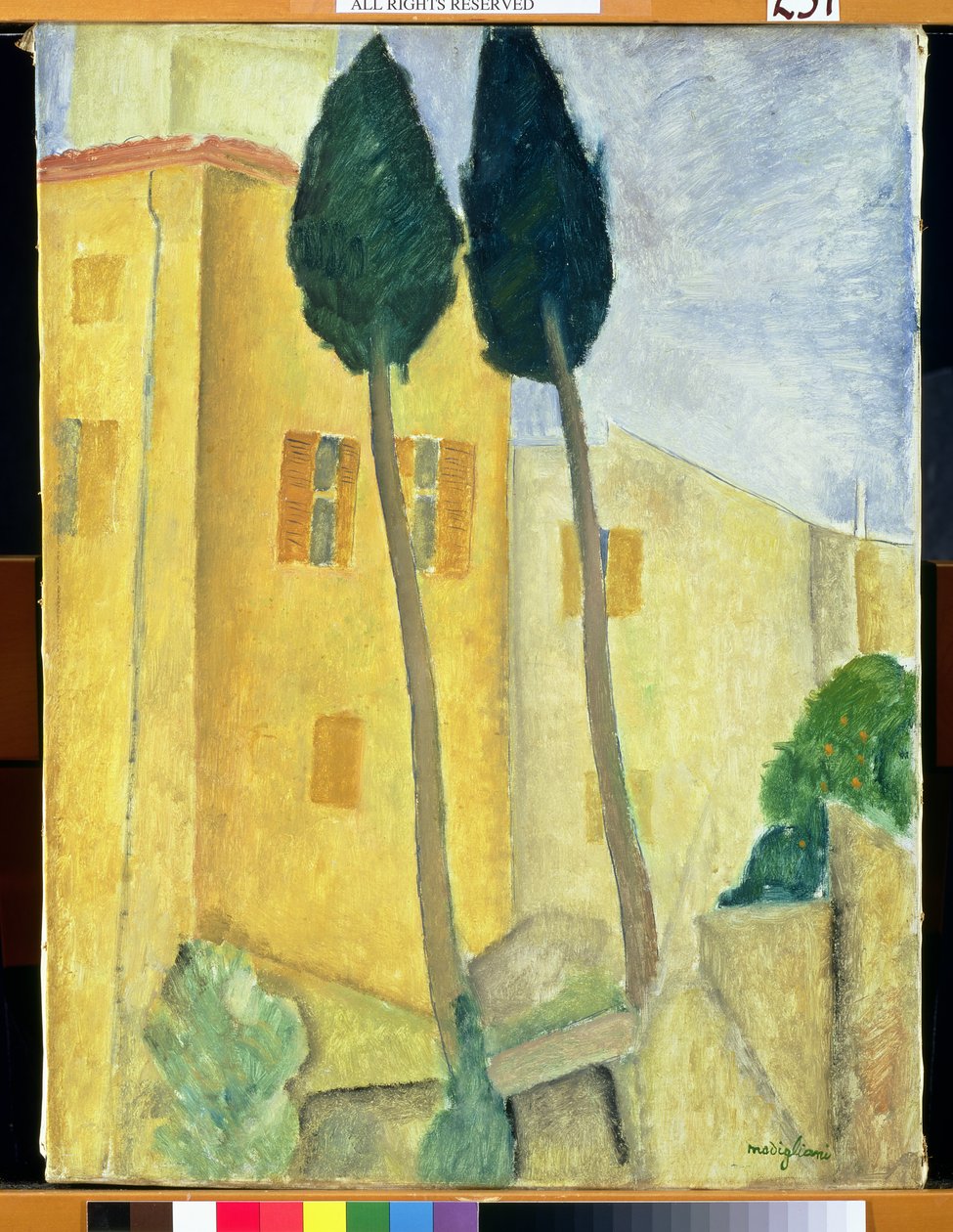 Cypressträd och hus, 1919 av Amedeo Modigliani