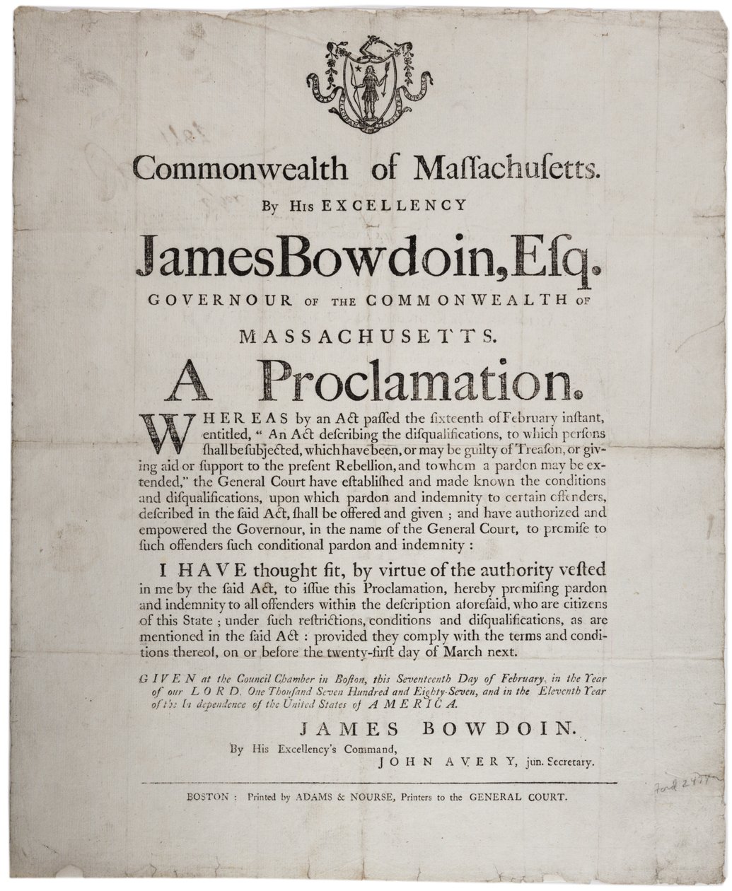 A Proclamation: amnestierbjudande till Shayss rebeller, 17 februari 1787 av American School
