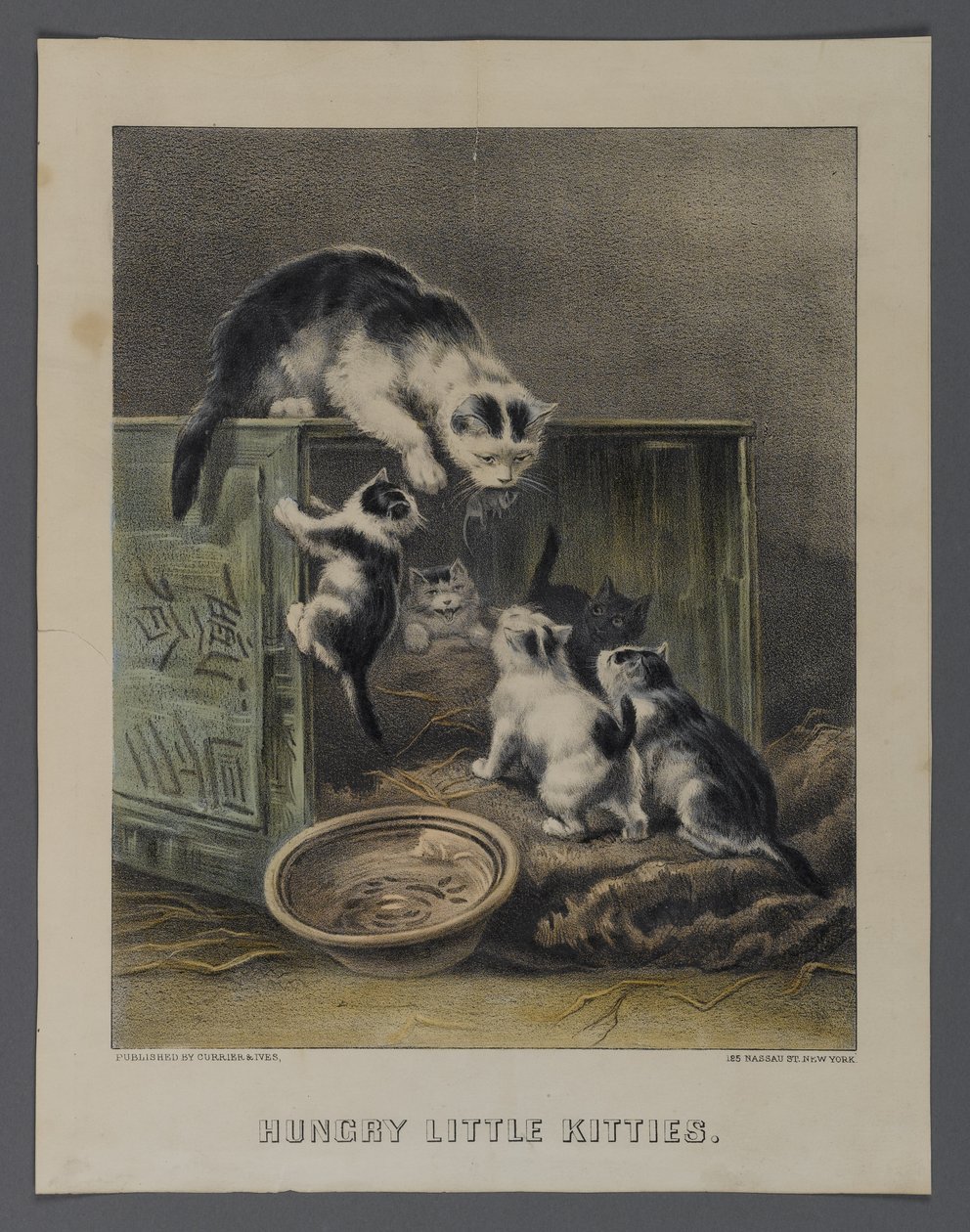 Hungry Little Kitties, publicerad av Currier & Ives, New York (handfärgad litho) av American School