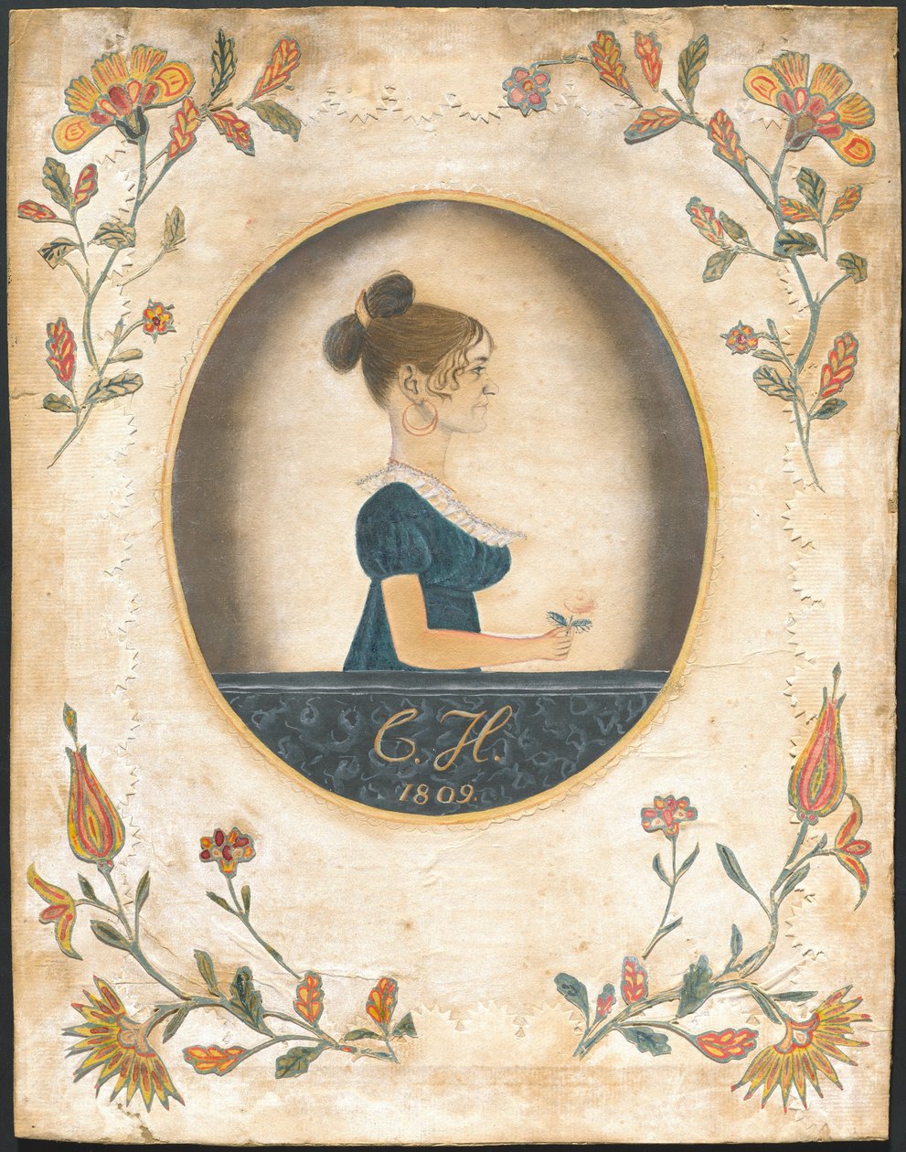 Kvinna som håller en ros av American 19th Century