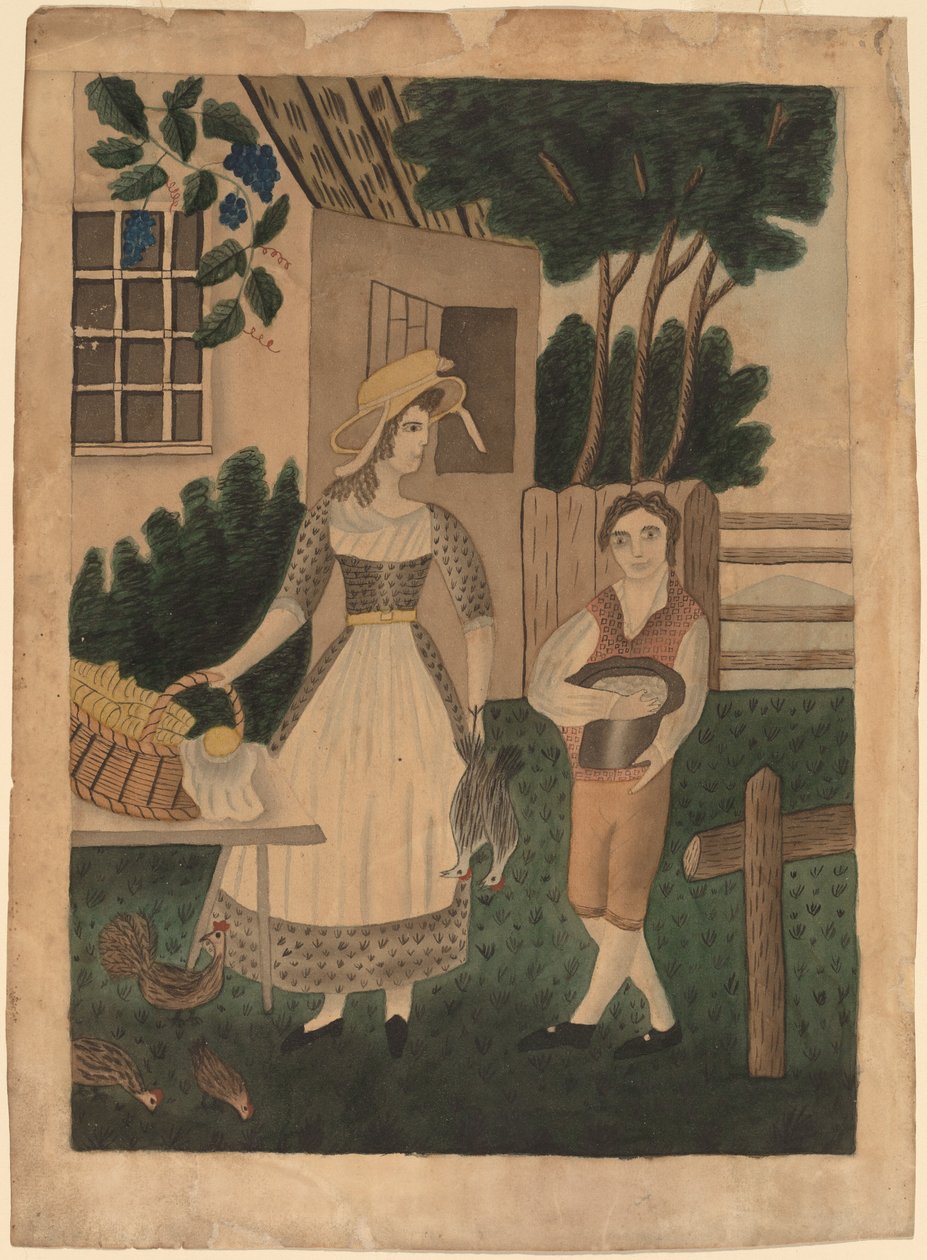 Kvinna och pojke med proviant av American 19th Century