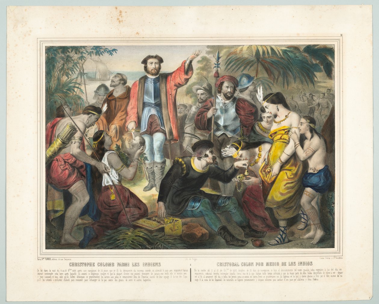 Christopher Columbus Among The Indians (färg litho) av American School