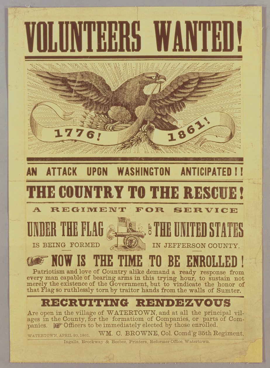 Rekryteringsaffisch från inbördeskriget, 1861 (tryck) av American School