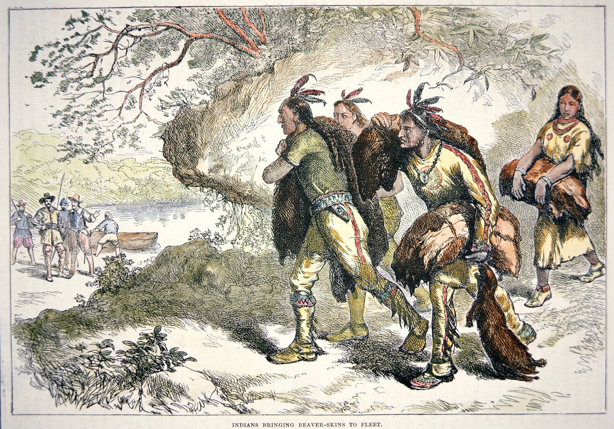 Koloniala pälshandlare (färgat gravyr) av American School