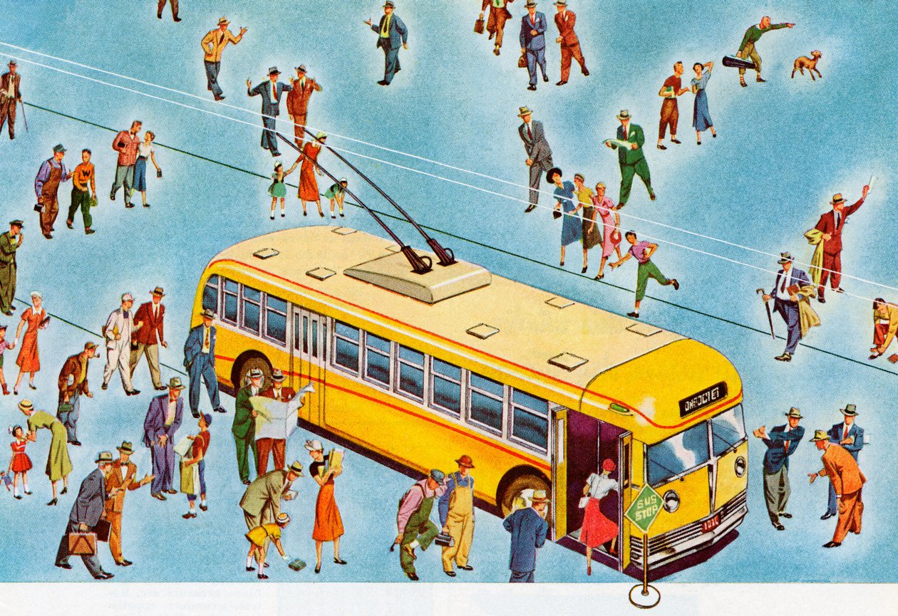 Fotgängare som sätter sig på en stadsbuss av American School