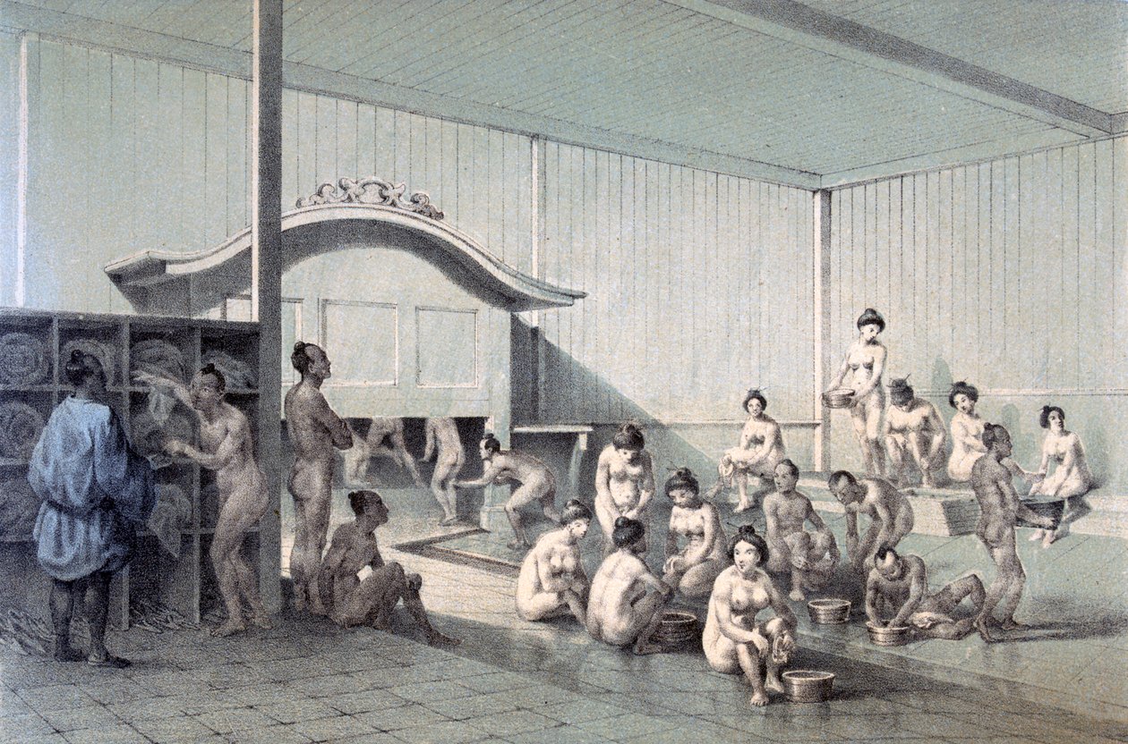 Offentligt bad i Simoda, 1856 (färgad akvatint) av American School