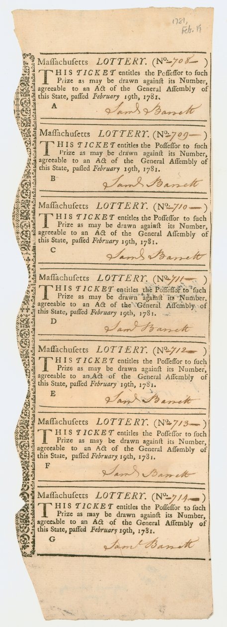 Sheet of Lottery Tickets, Massachusetts Lottery, 1781 av American School