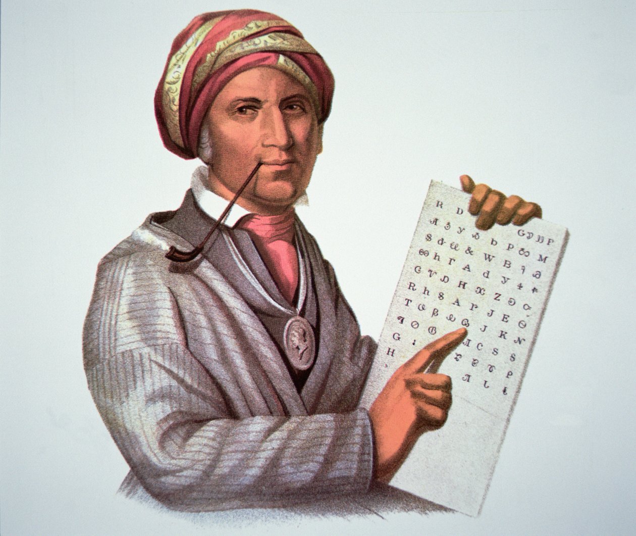 The Cherokee Scholar, Sequoyah (1776-1843) (lito i färg) av American School