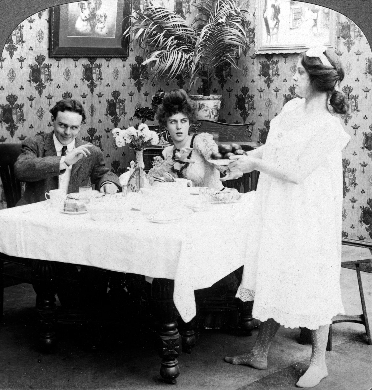 Hur Biddy serverade tomaterna avklädda. av American Stereoscopic Company