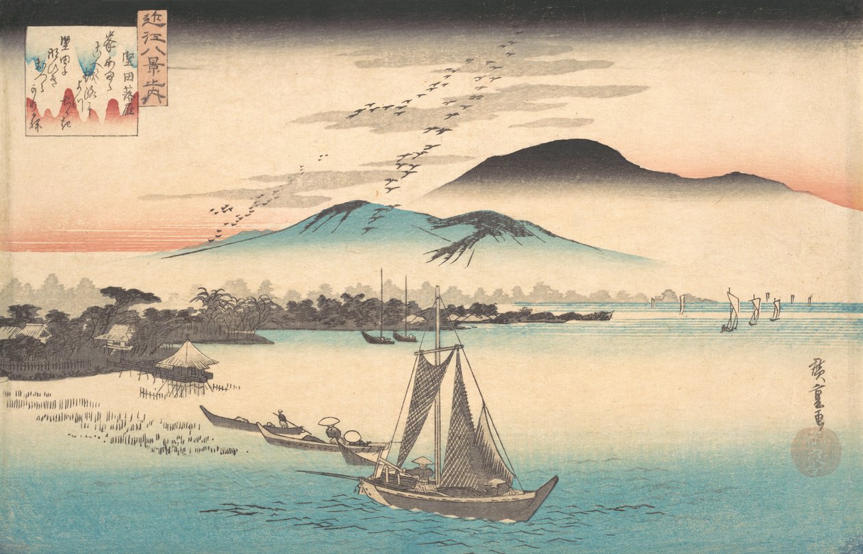 Gäss flyger ner till Katada. av Ando Hiroshige