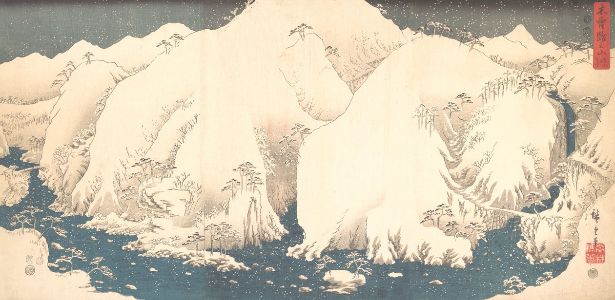 Kisobergen i snö, 1857., 1857. av Ando Hiroshige