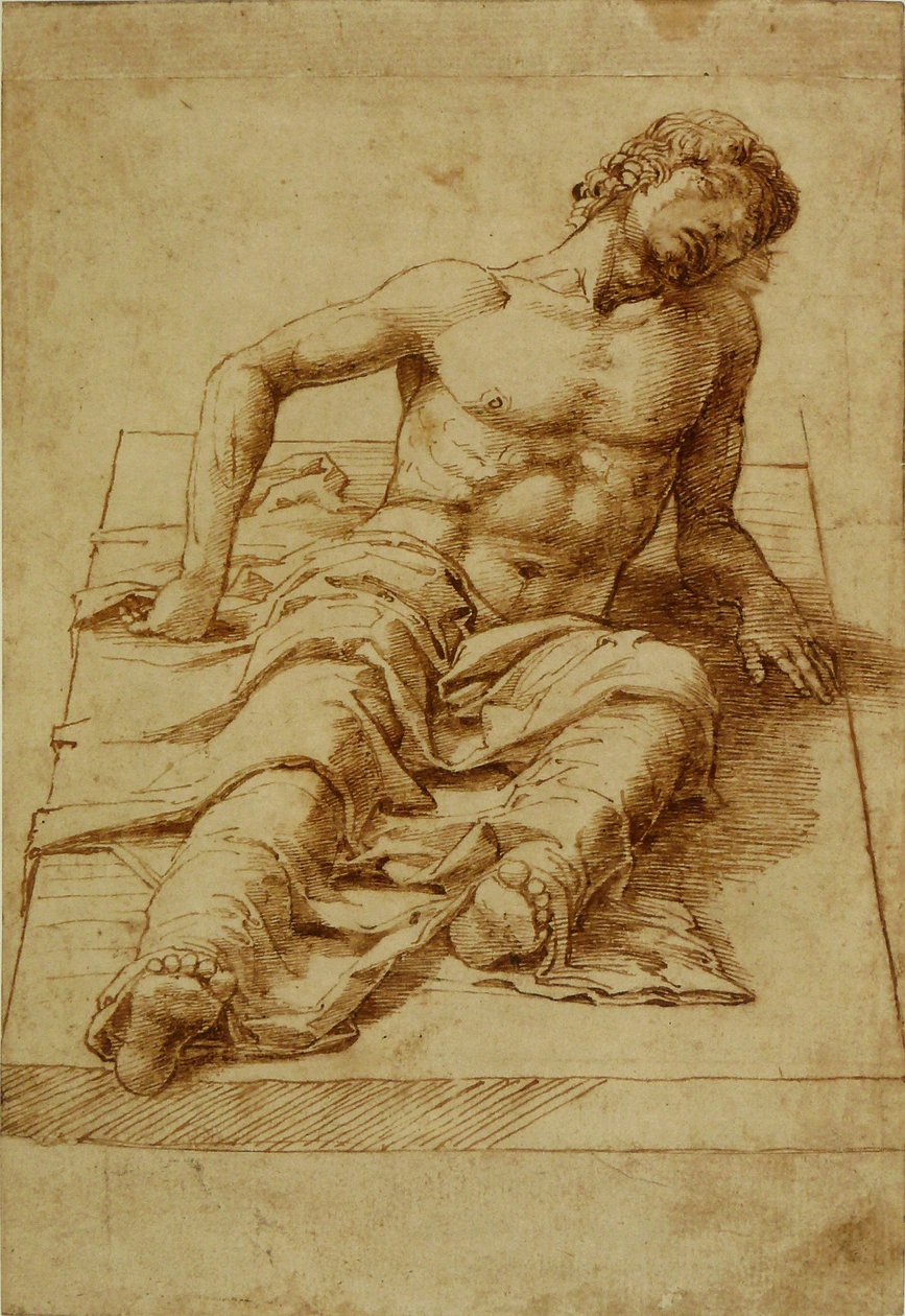Homme étendu sur une dalle de pierre av Andrea Mantegna
