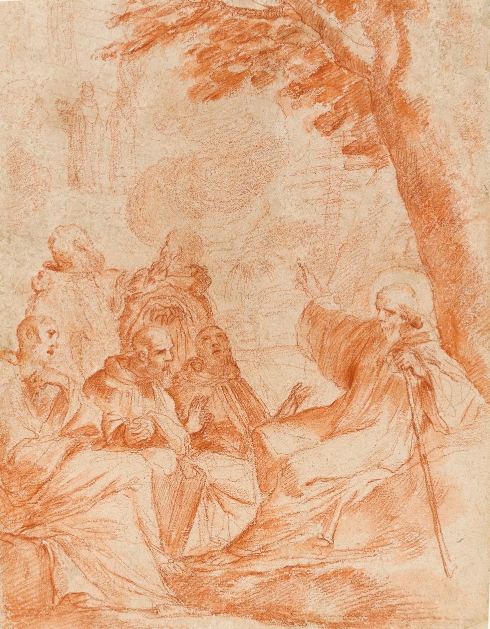 The Vision of St. Romuald (röd krita med tvätt på papper) av Andrea Sacchi