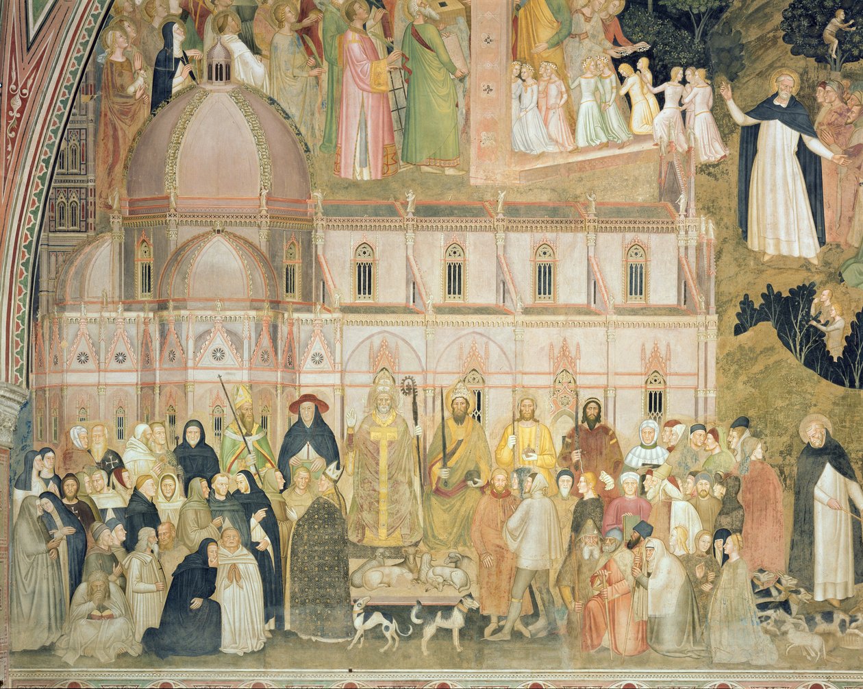 The Church Militant and Triumphant, detalj av de sekulära myndigheterna med Santa Maria del Fiore i bakgrunden, från det spanska kapellet, c.1369 freskdetalj av 31612 av Andrea di Bonaiuto