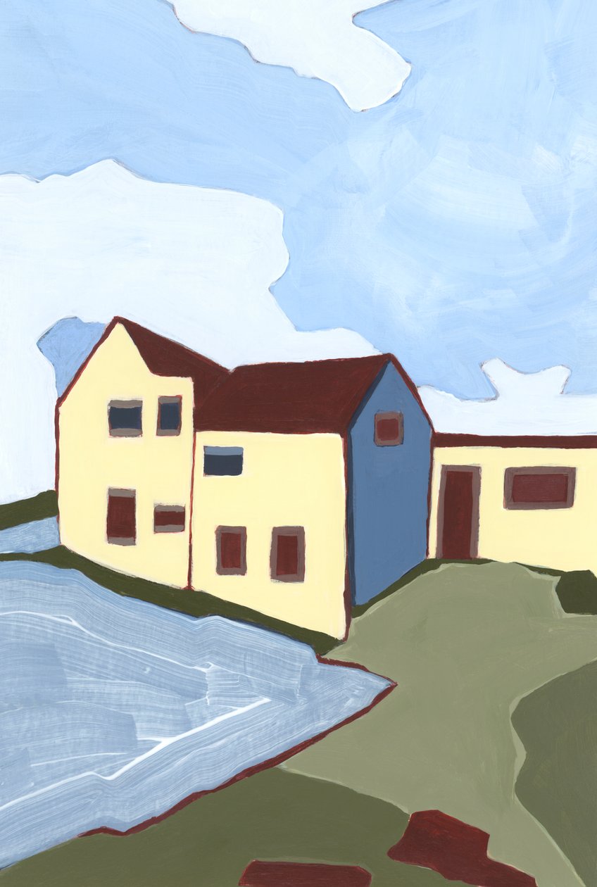 Hemsökta hus,2023 (akryl på papper) av Andrea Mejia