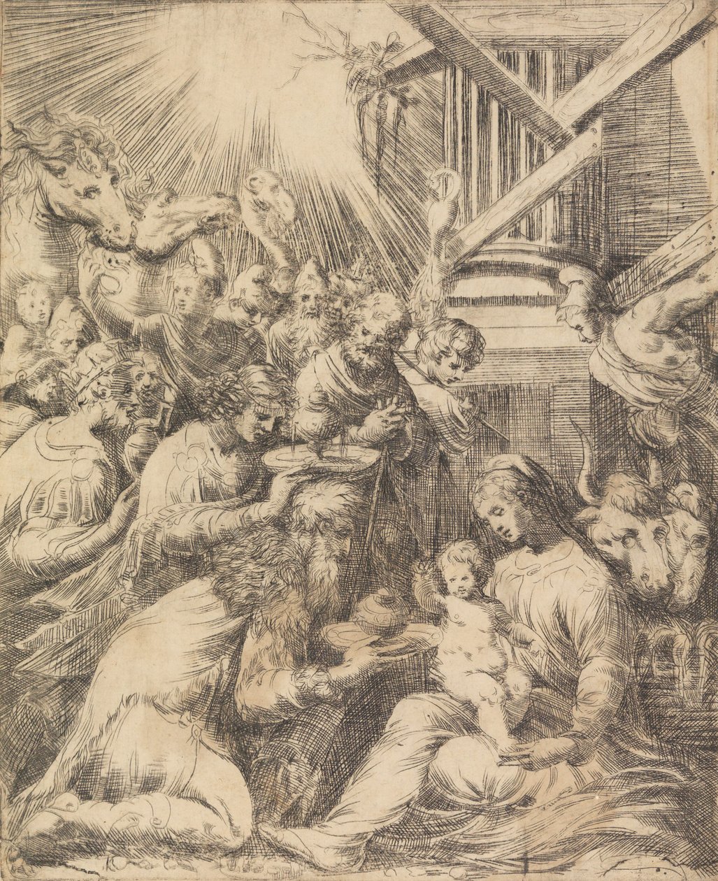 Tillbedjan av Magi, ca. 1553-60. av Andrea Schiavone