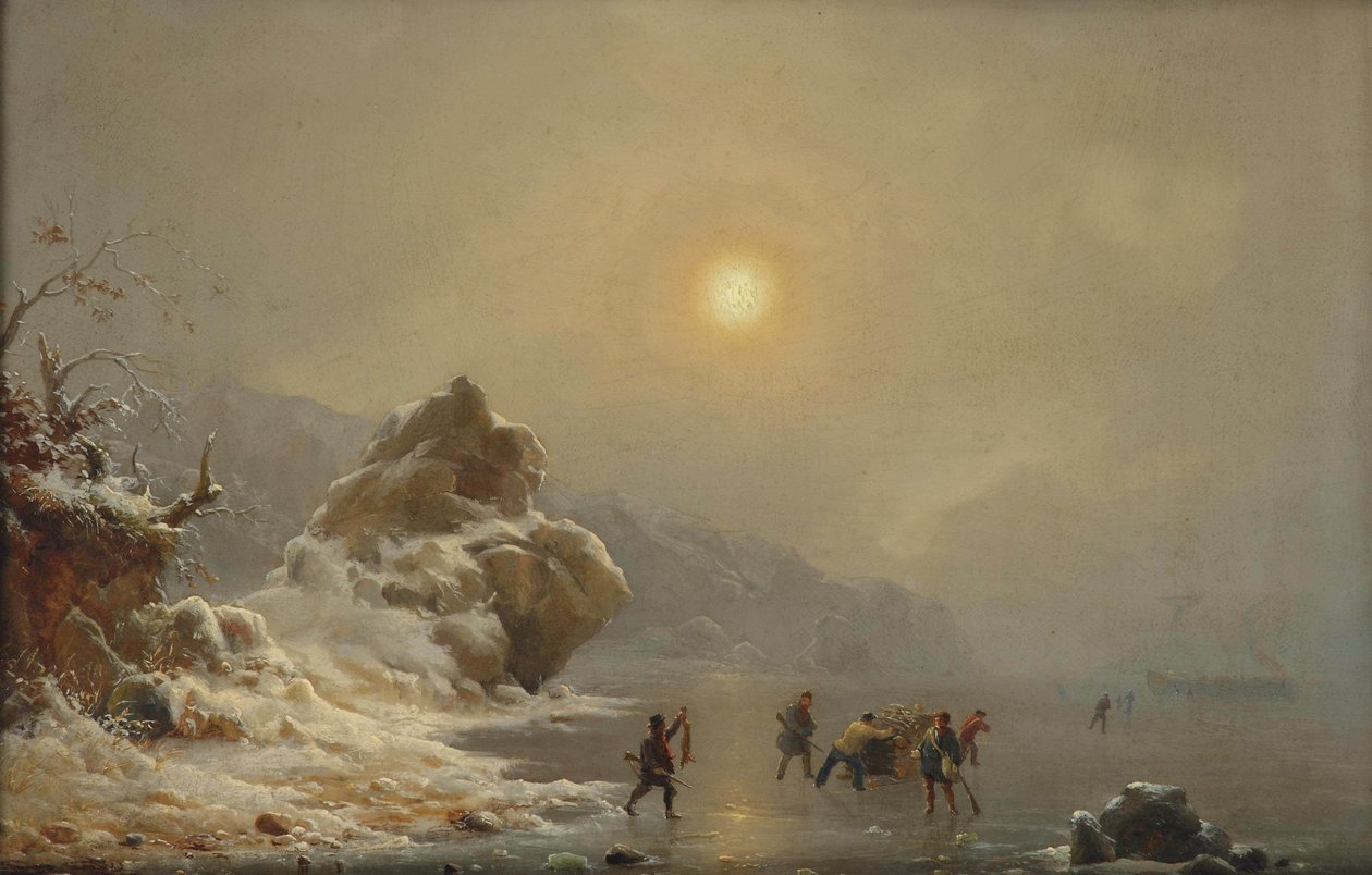 Eine Winterlandschaft mit Jägern auf dem Eis av Andreas Achenbach