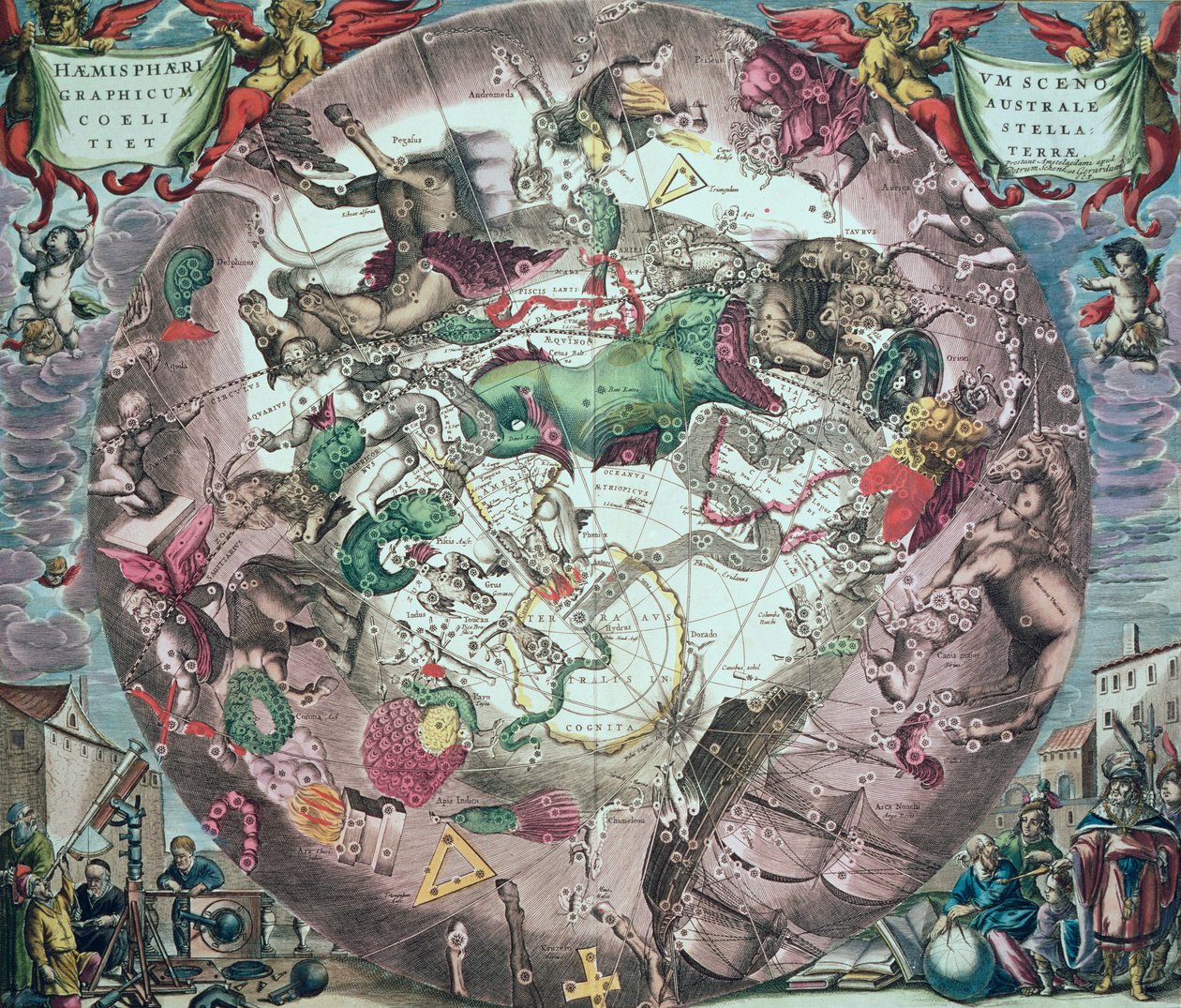 Konstellationer på södra halvklotet, från "The Celestial Atlas, or the Harmony of the Universe" (Atlas coelestis seu harmonica macrocosmica), graverad av Pieter Schenk (1660-1719) och Gerard Valk. av Andreas Cellarius