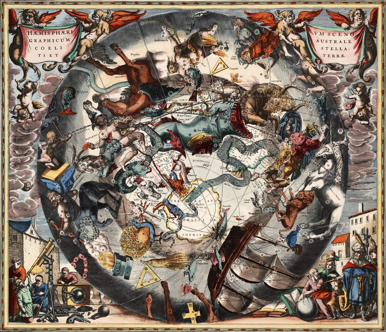 Southern hemisphere constellations scenographically over the terrestrial globe av Andreas Cellarius