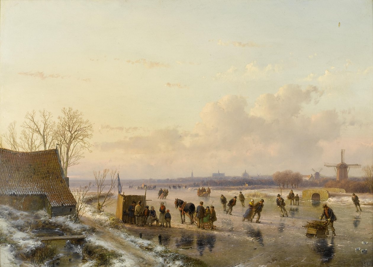 Vinterlandskap med åkare, Haarlem i fjärran av Andreas Schelfhout