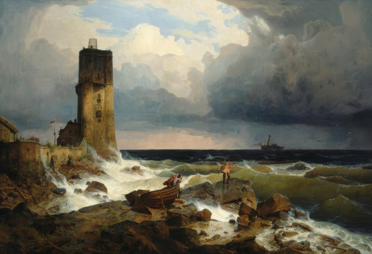 A.Achenbach, stor marin med fyr av Andreas Achenbach