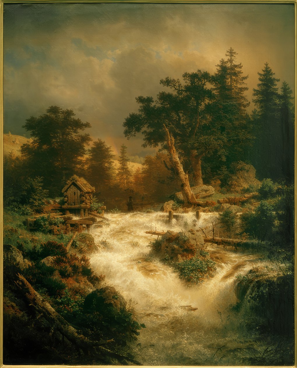 A.Achenbach, nordiskt vattenfall med regnbåge av Andreas Achenbach