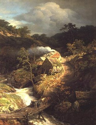 Ett bergigt landskap med en ström av Andreas Achenbach