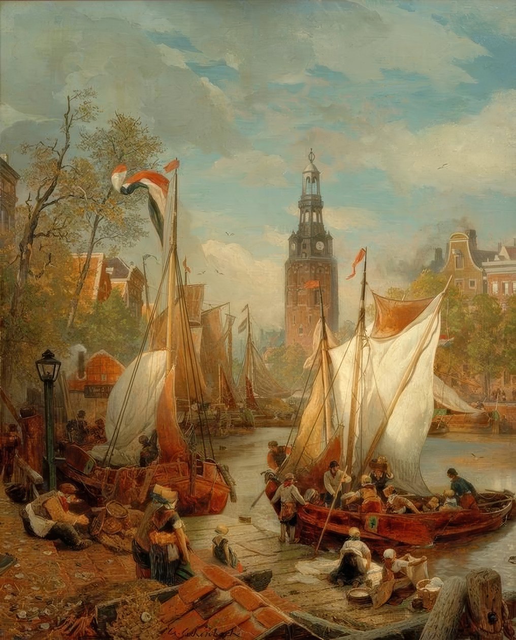 Hamnscenen i Amsterdam (holländsk strandbild) av Andreas Achenbach