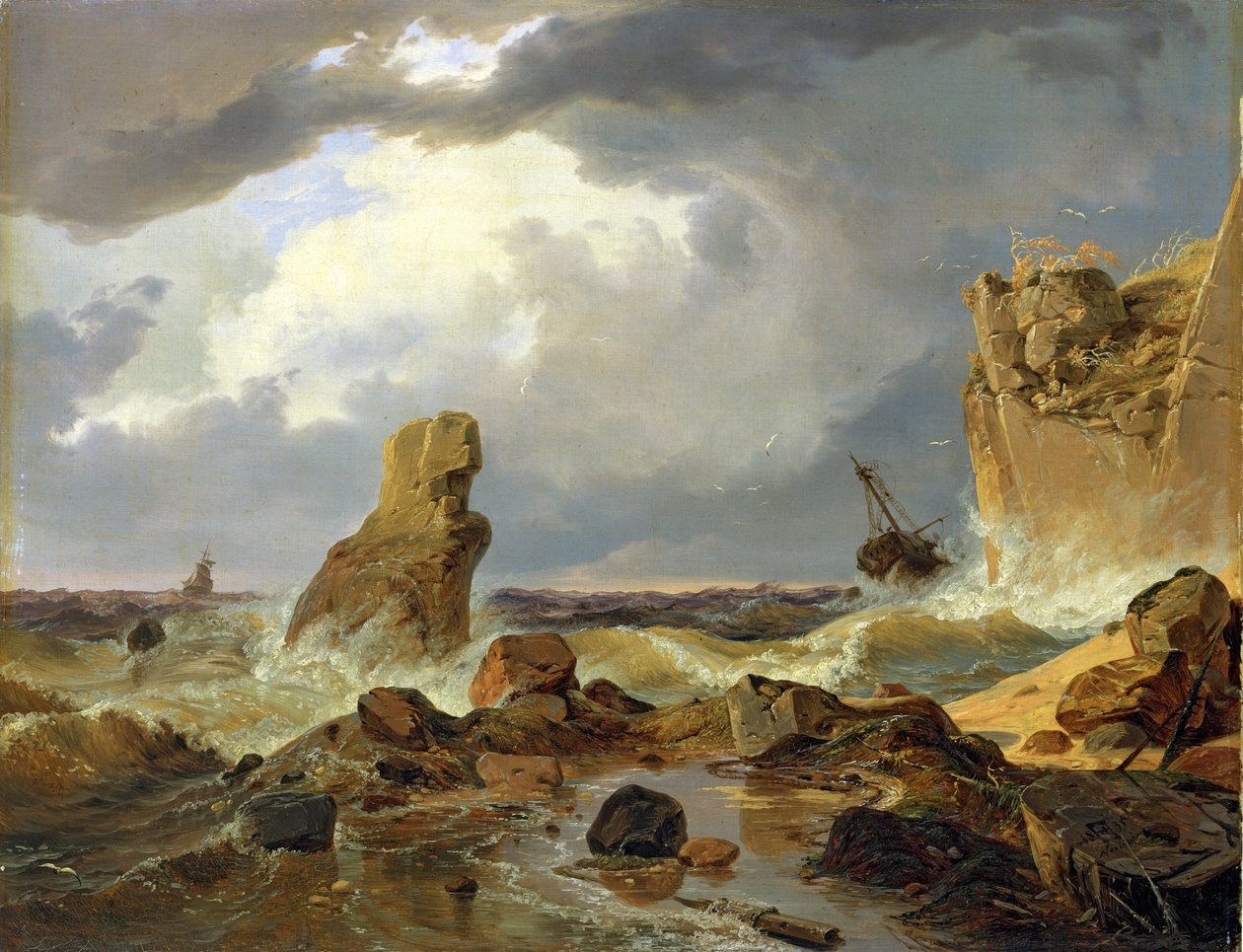 Surf på en klippig kust av Andreas Achenbach