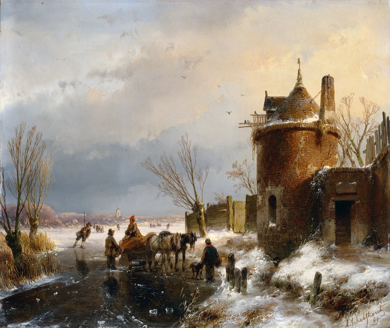 En vinterscen (olja på panel) av Andreas Schelfhout