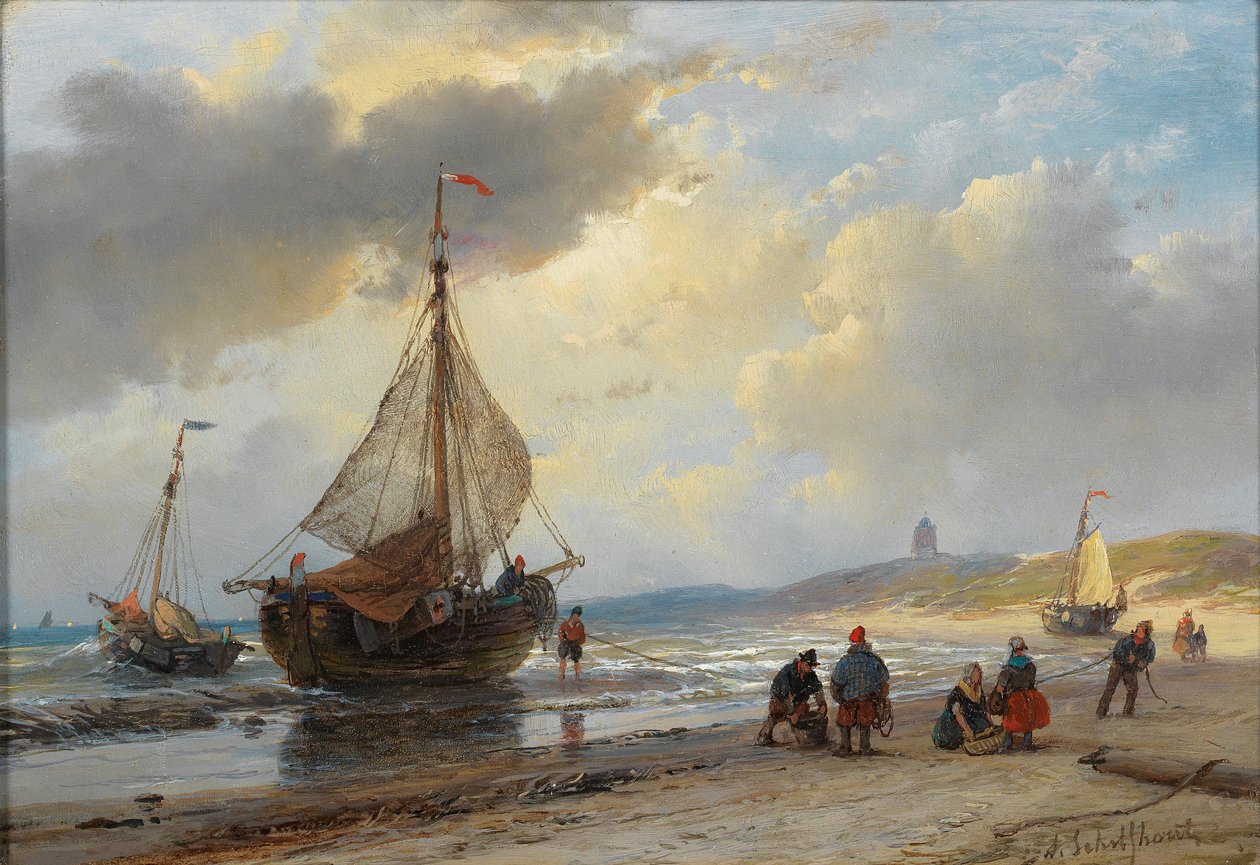 Liv och rörelse på stranden i Scheveningen av Andreas Schelfhout