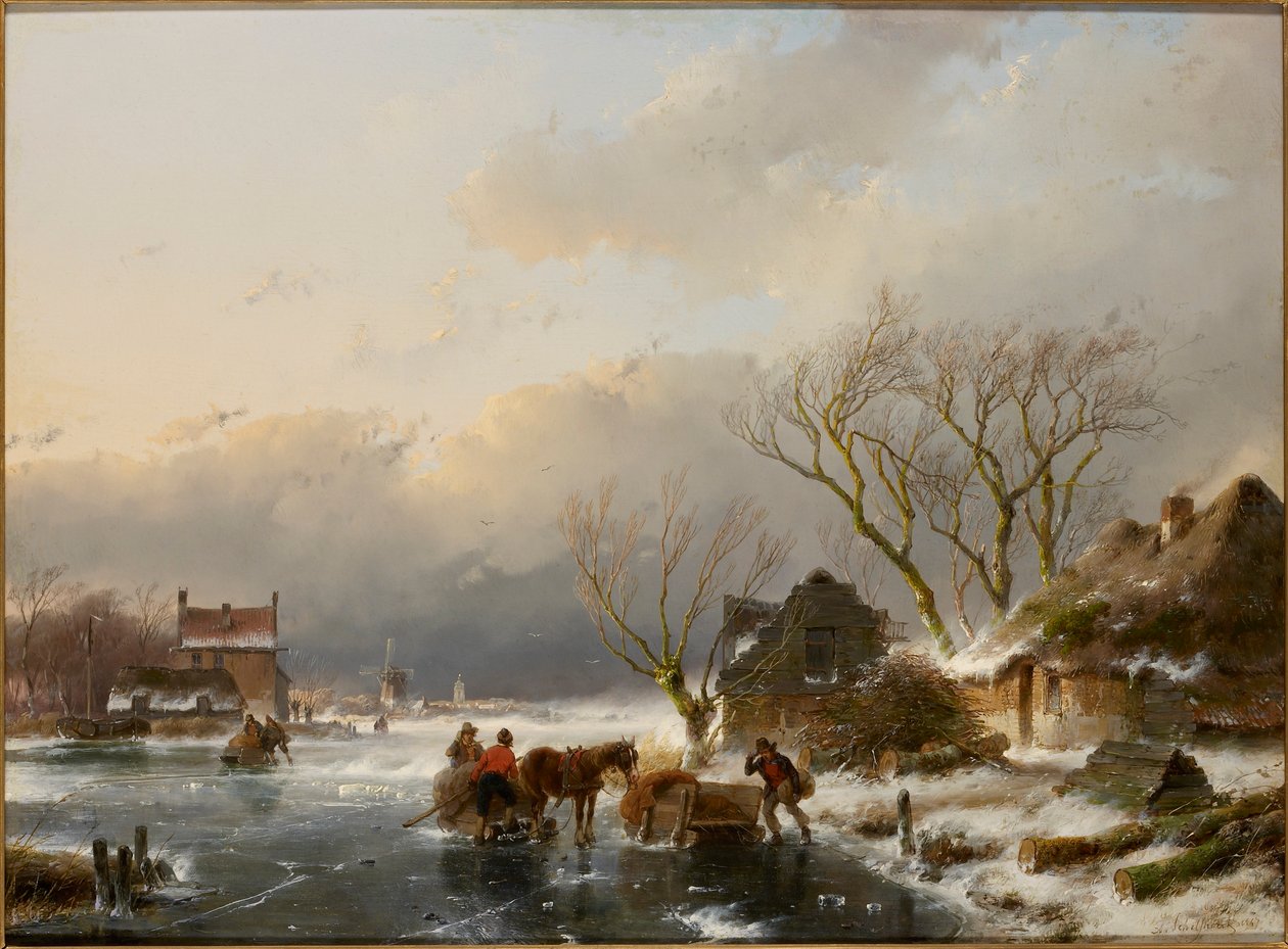 Vinterlandskap med en frusen flod, 1847. av Andreas Schelfhout