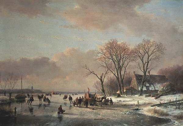 Vinter flodlandskap med många skridskoåkare av Andreas Schelfhout
