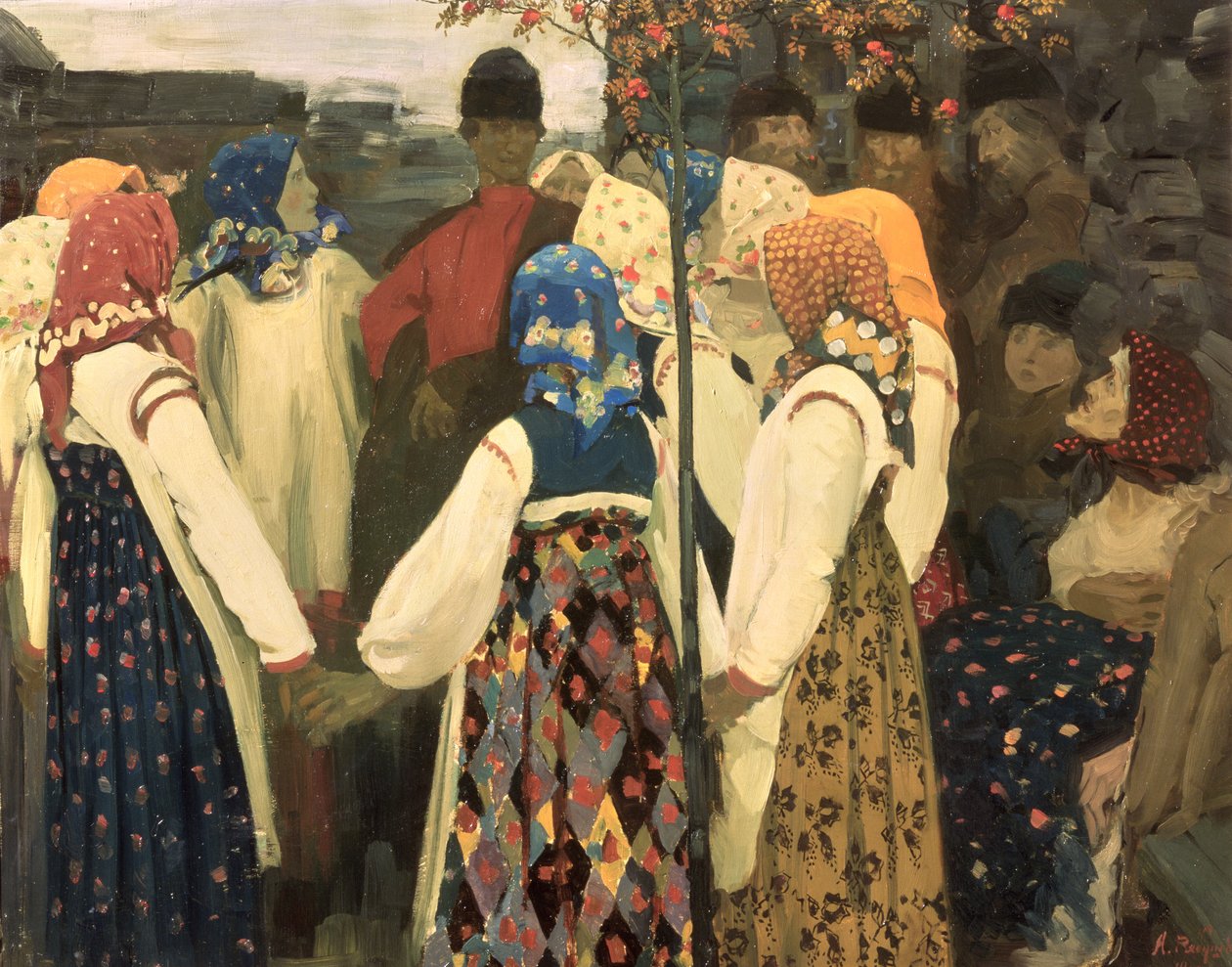 En pojke har avmaskat sig in i flickans runddans, 1902 av Andrei Petrovich Ryabushkin