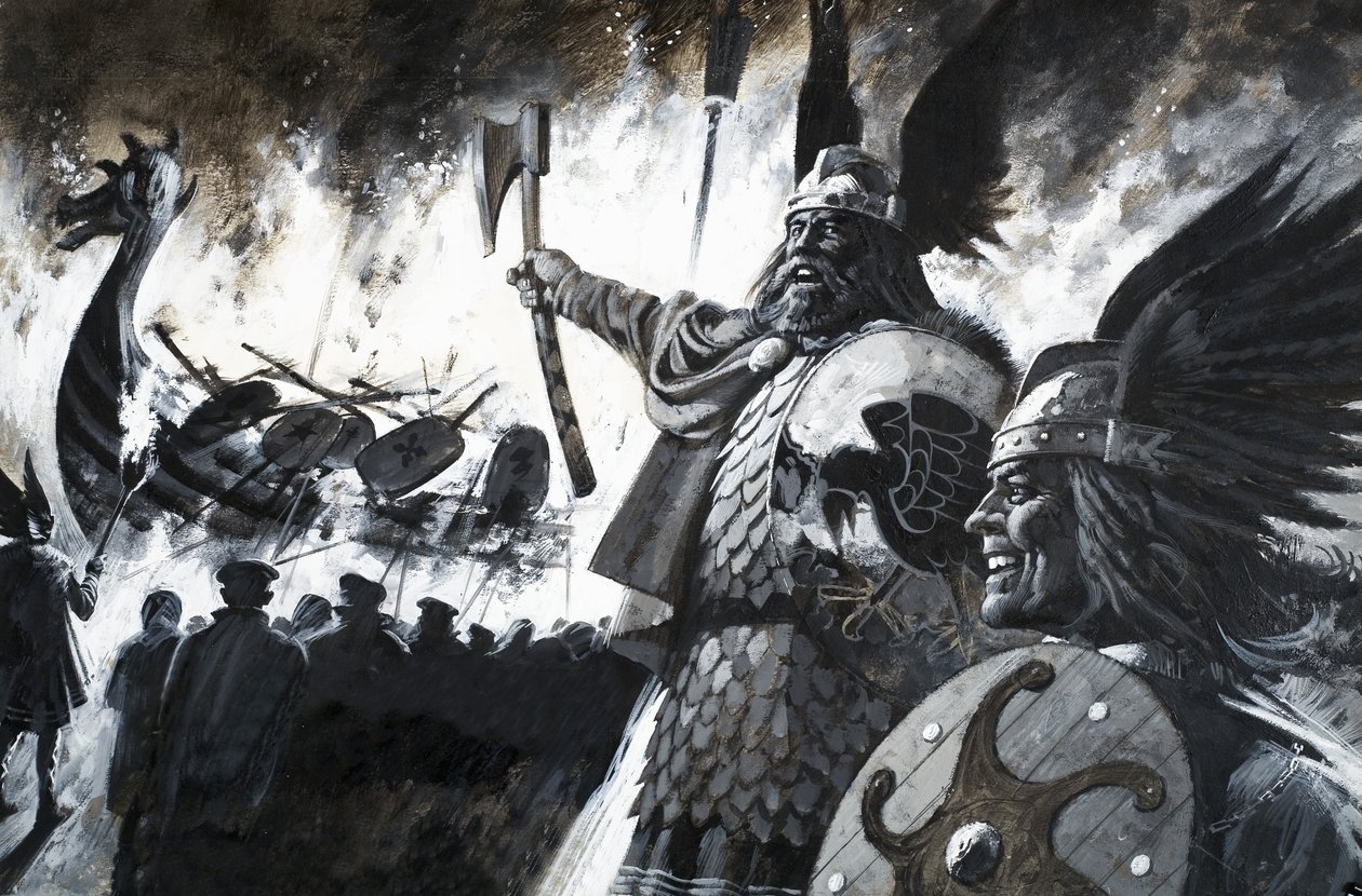 Oidentifierad vikingascen med brinnande långskepp av Andrew Howat