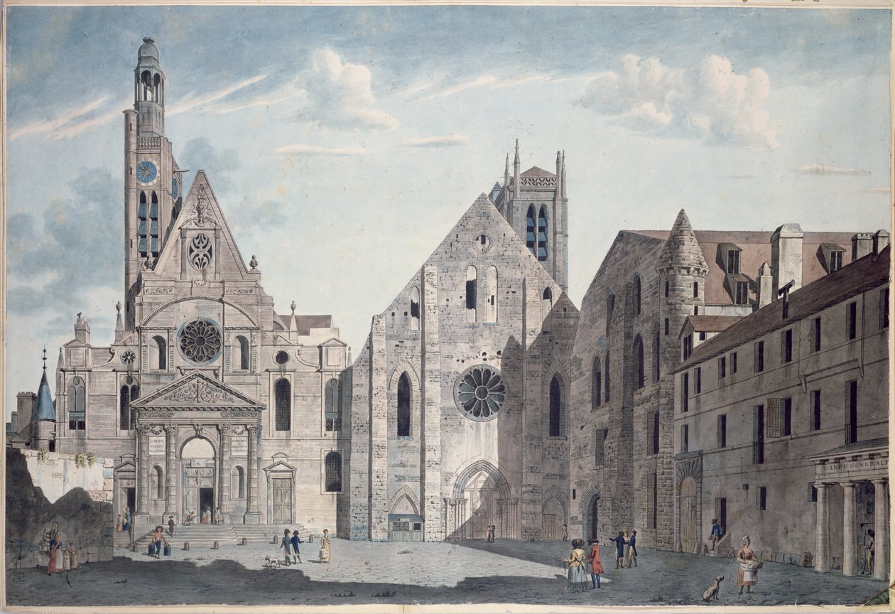 Fasader av kyrkorna St. Genevieve och St. Etienne du Mont, Paris, ca 1800 (penna och bläck och wc på papper) av Angelo Garbizza